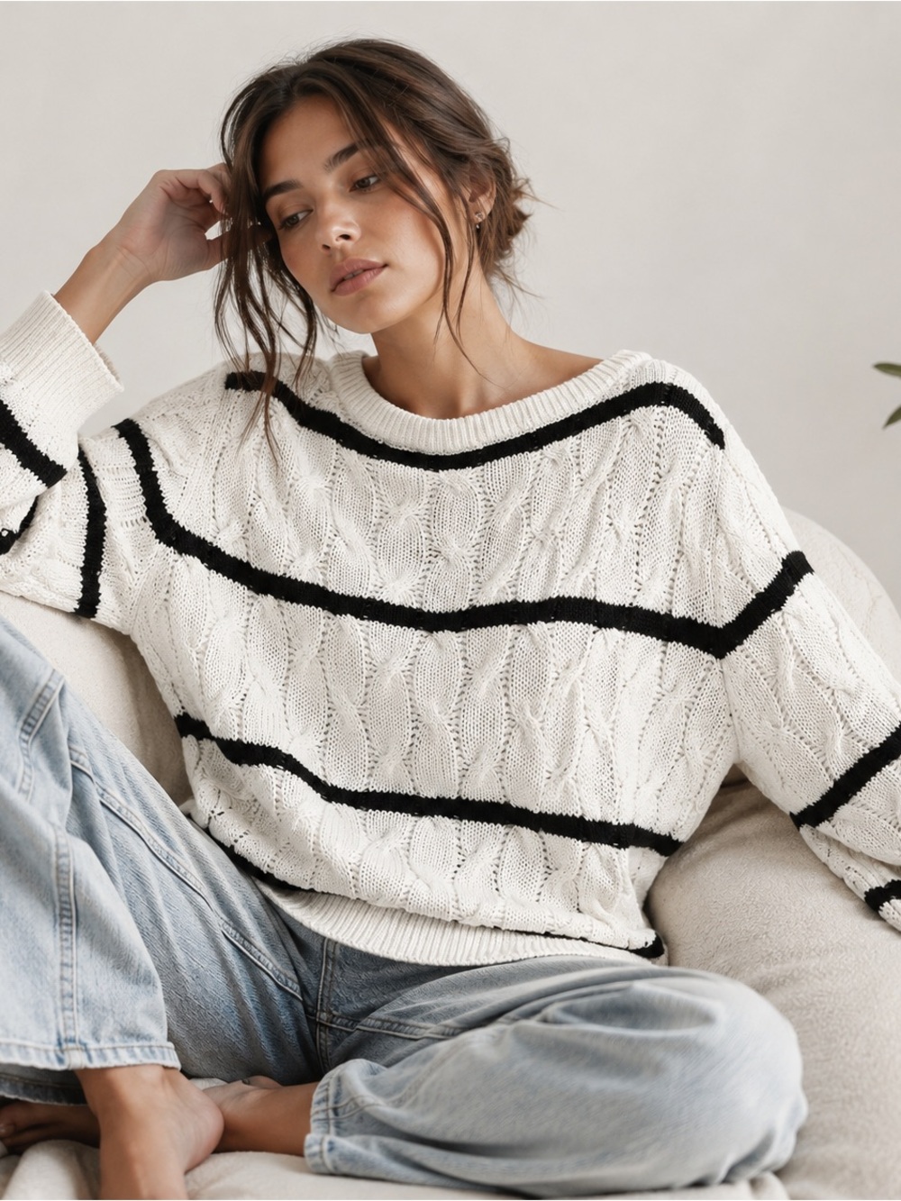 French Connection Cream Cable-Knit Crew Sweater with Black Stripes